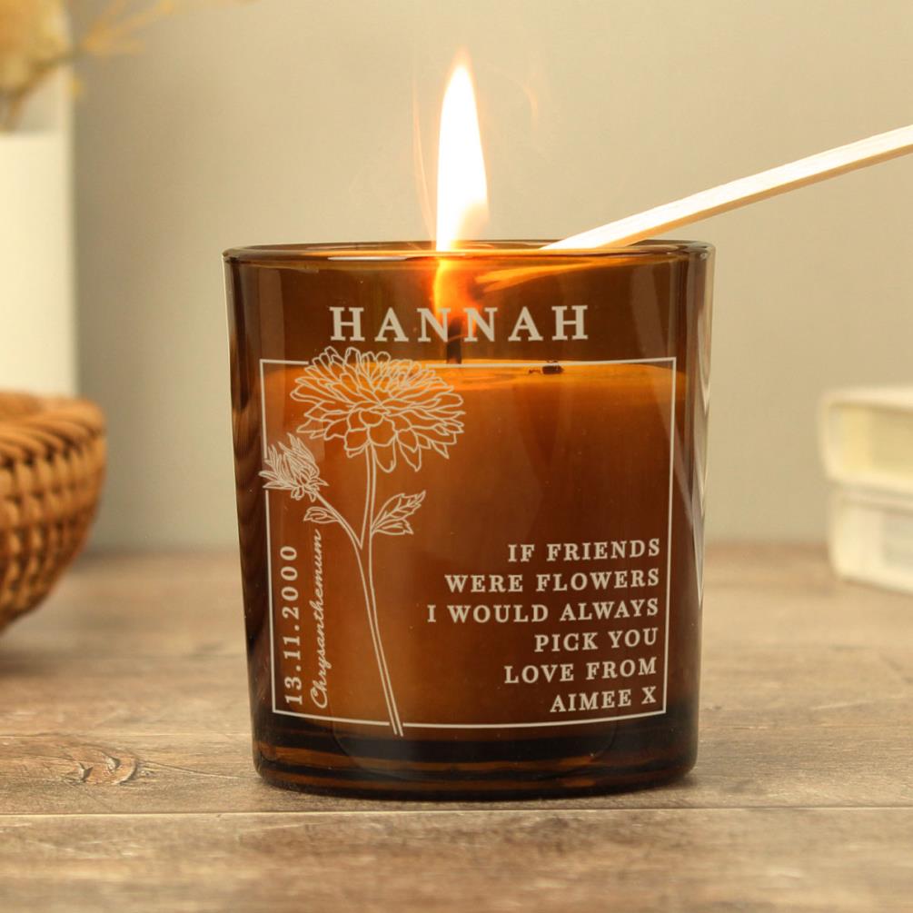 Personalised November Chrysanthemum Birth Flower Amber Glass Jar Candle Extra Image 2